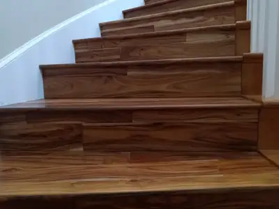 Completed flooring installation: Staircase up close