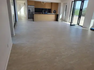 Completed flooring installation: Stone look LVP