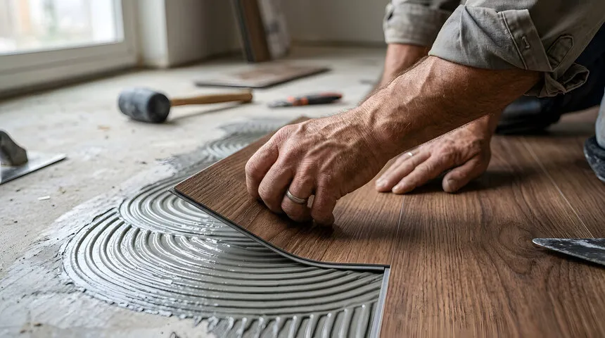 Valley Flooring craftsman performing a precise flooring installation