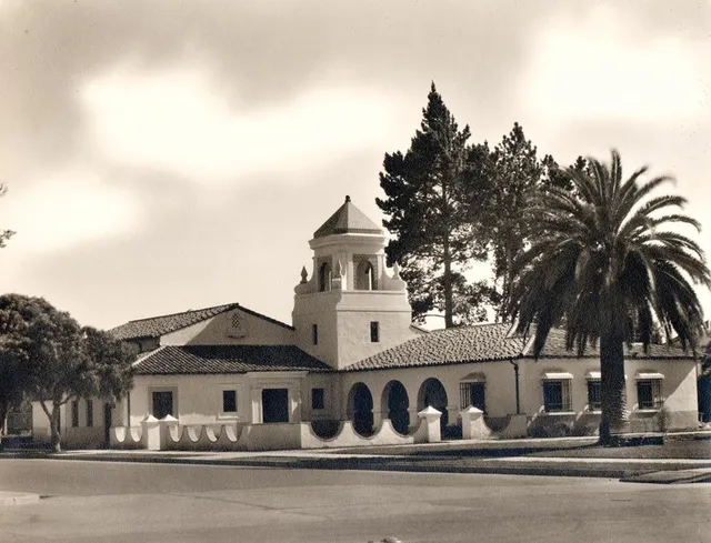 Vintage photograph of Santa Maria City Hall, a Moorish-style building designed by architect Louis N. Crawford, with its distinctive bell tower, arched colonnade, and clay tile roof